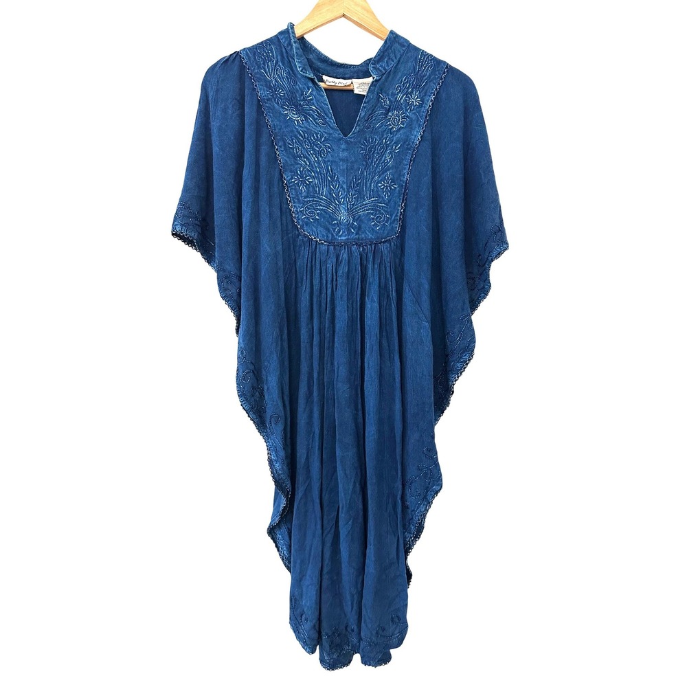 Pretty Pink Blue Embroidered Western Boho Kaftan Dress Butterfly Sleeve L